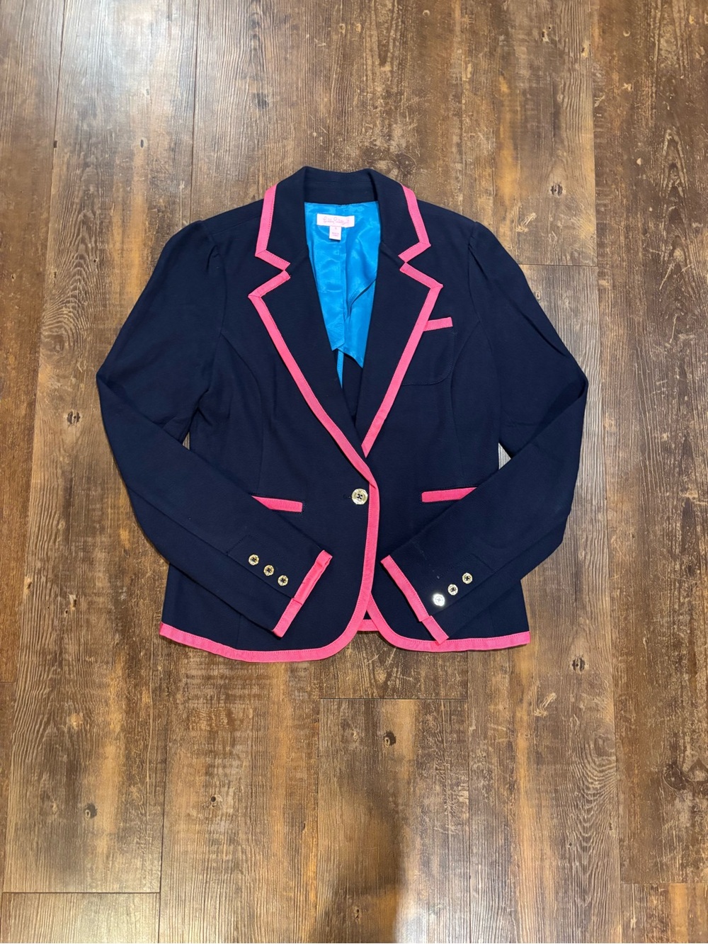Lily Pulitzer Women's Navy Blazer with Pink Trim - Classic Tailored Jacket